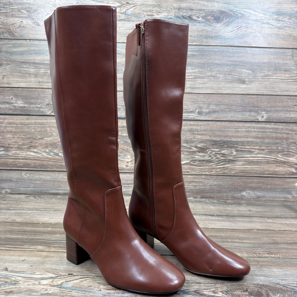 J.Crew Womens 9.5 Knee High Block Heel Boots Cognac Brown Side Zip Vegan CC119